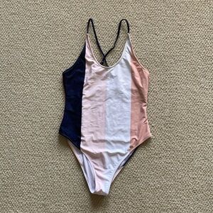 Cupshe One Piece Bathing Suit Striped Preppy Nude Navy Cheeky Cross Strap Medium